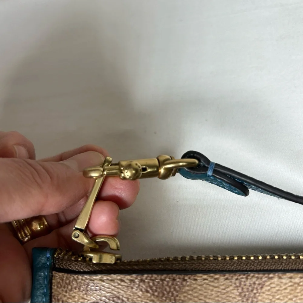 Coach Day Wristlet In Signature‎ Coated Canvas And Refined leather Teal Trim